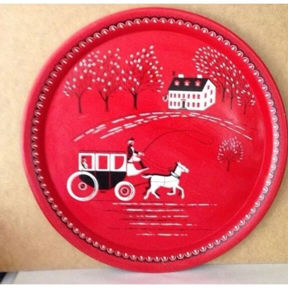 Vintage large metal red tray Horse Buggy Carriage Colonial Stagecoach scene 16